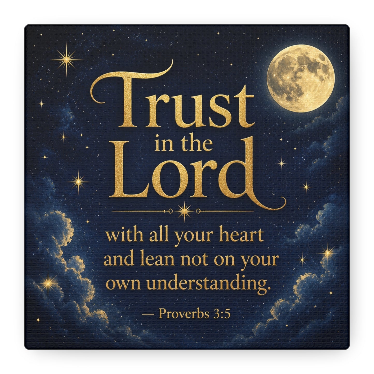 "Trust In The Lord" Bible Verse Canvas Wall Art - Moonlit Scripture Quote, Gold Typography, Christian Wall Decor - Traditional Night Sky Design - Bedroom Living Room Decoration - Ready to Hang