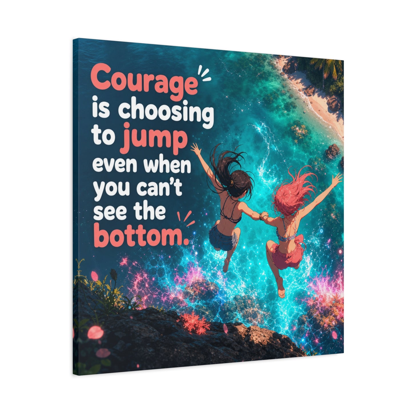 "Courage Is Choosing To Jump Even When You Can't See The Bottom" Canvas Wall Art - Coastal Quote Illustration, Inspirational Ocean Cliff Scene, Bedroom Wall Decor, Teen Space Accent - Ready to Hang