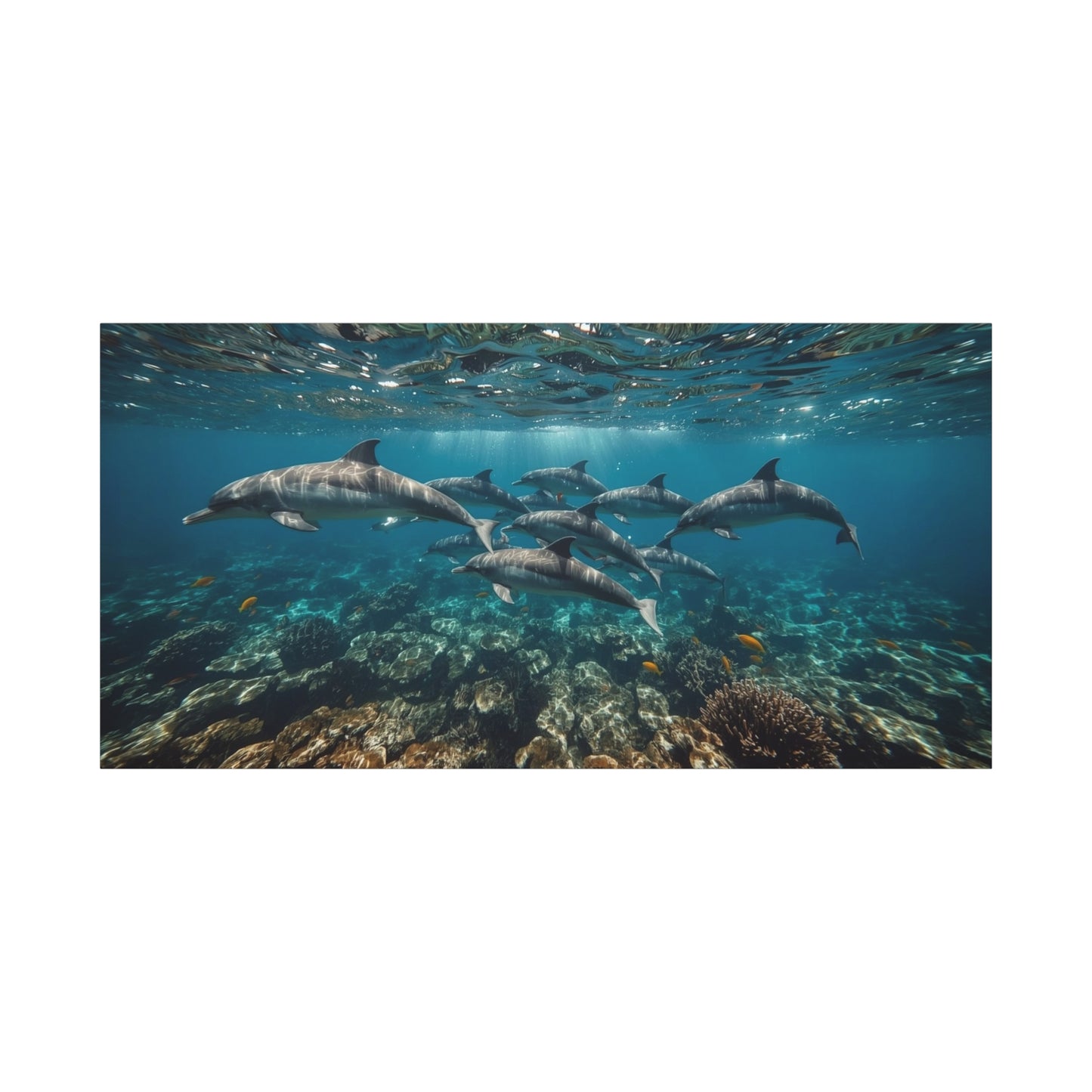 Dolphin School Canvas Wall Art - Underwater Ocean Art Print, Blue Coastal Decor - Matte Canvas Print, Contemporary Seascape Style - Living Room Wall Decor, Bedroom Home Decoration - Ready to Hang