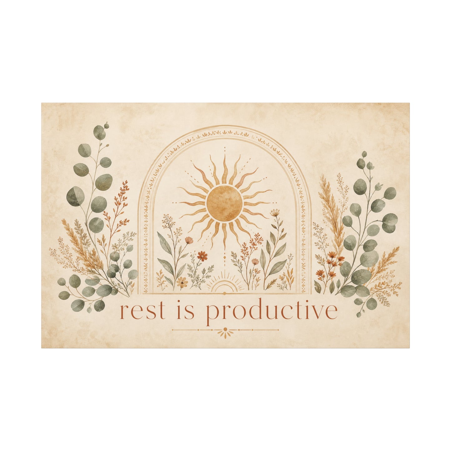 "Rest Is Productive" Inspirational Canvas Wall Art - Boho Sun And Botanical Arch Print - Neutral Typography Decor - Bedroom Living Room Decoration - Office Wall Art - Bedroom Home Decoration