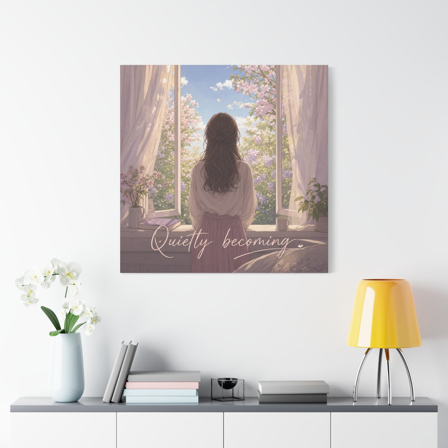 "Quietly Becoming" Girl At Window Canvas Wall Art - Cherry Blossom Bedroom Decor, Soft Pastel Inspirational Print, Dreamy Feminine Room Decoration - Bedroom Home Decoration - Living Room Wall Decor