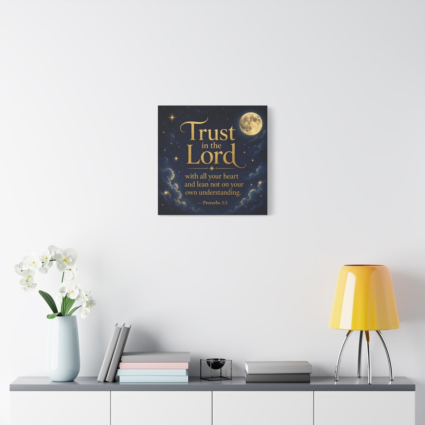 "Trust In The Lord" Bible Verse Canvas Wall Art - Moonlit Scripture Quote, Gold Typography, Christian Wall Decor - Traditional Night Sky Design - Bedroom Living Room Decoration - Ready to Hang