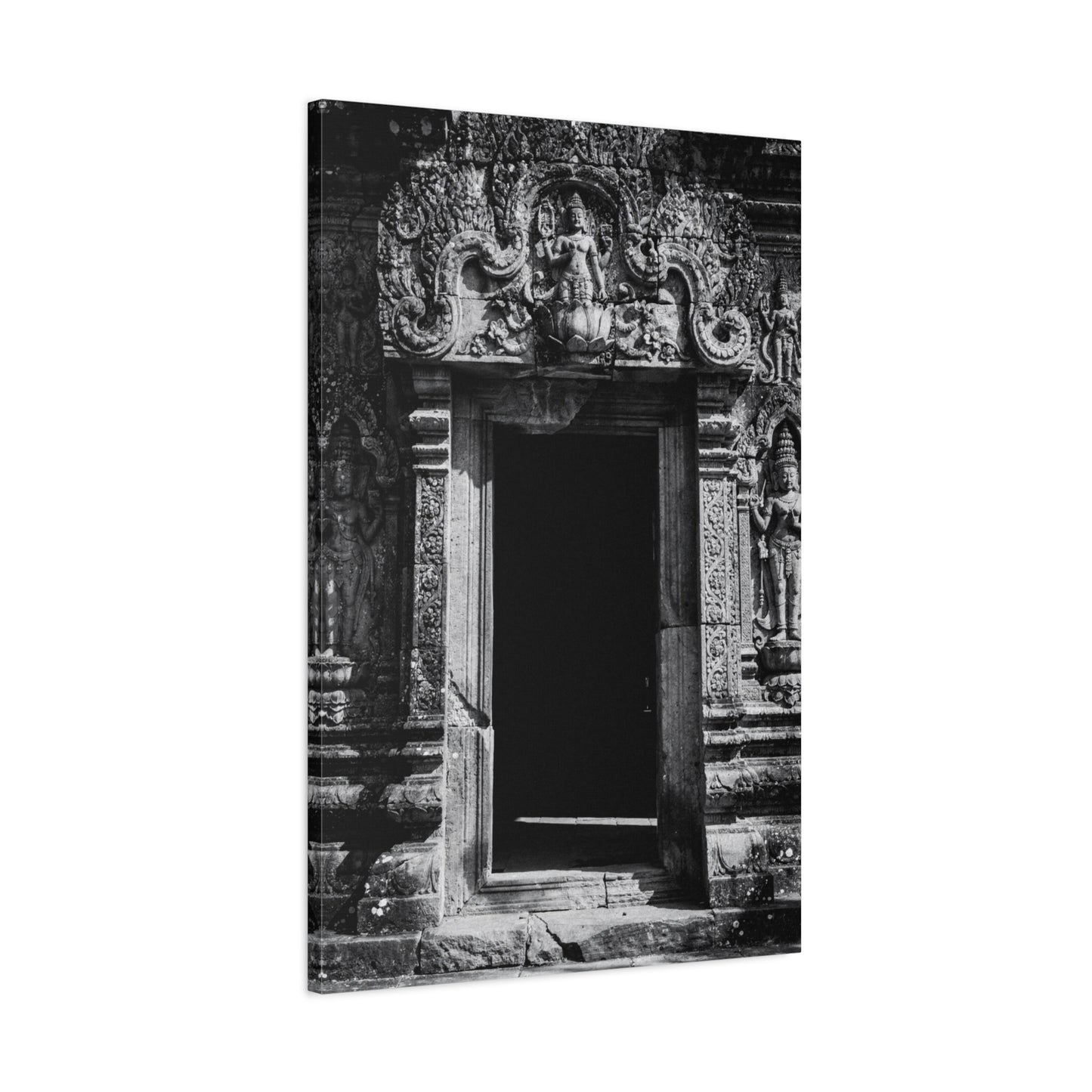 Buddhist Temple Doorway Canvas Wall Art - Black And White Stone Carving, Religious Architecture Print, Traditional Monochrome Decor - Living Room Wall Decor, Office Art - Bedroom Home Decoration