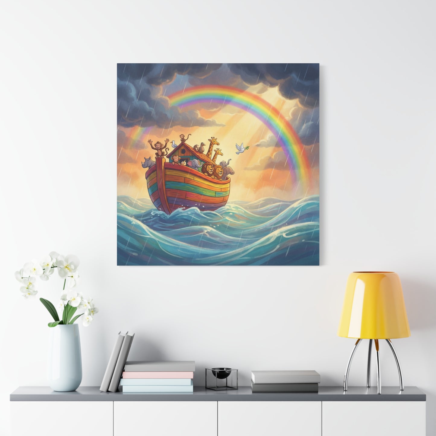 Noahs Ark Canvas Wall Art - Rainbow Animal Boat Nursery Decor - Cotton Canvas Print, Kids Bedroom Home Decoration, Playroom Wall Hanging, Biblical Story Illustration, Classroom Accent - Ready to Hang