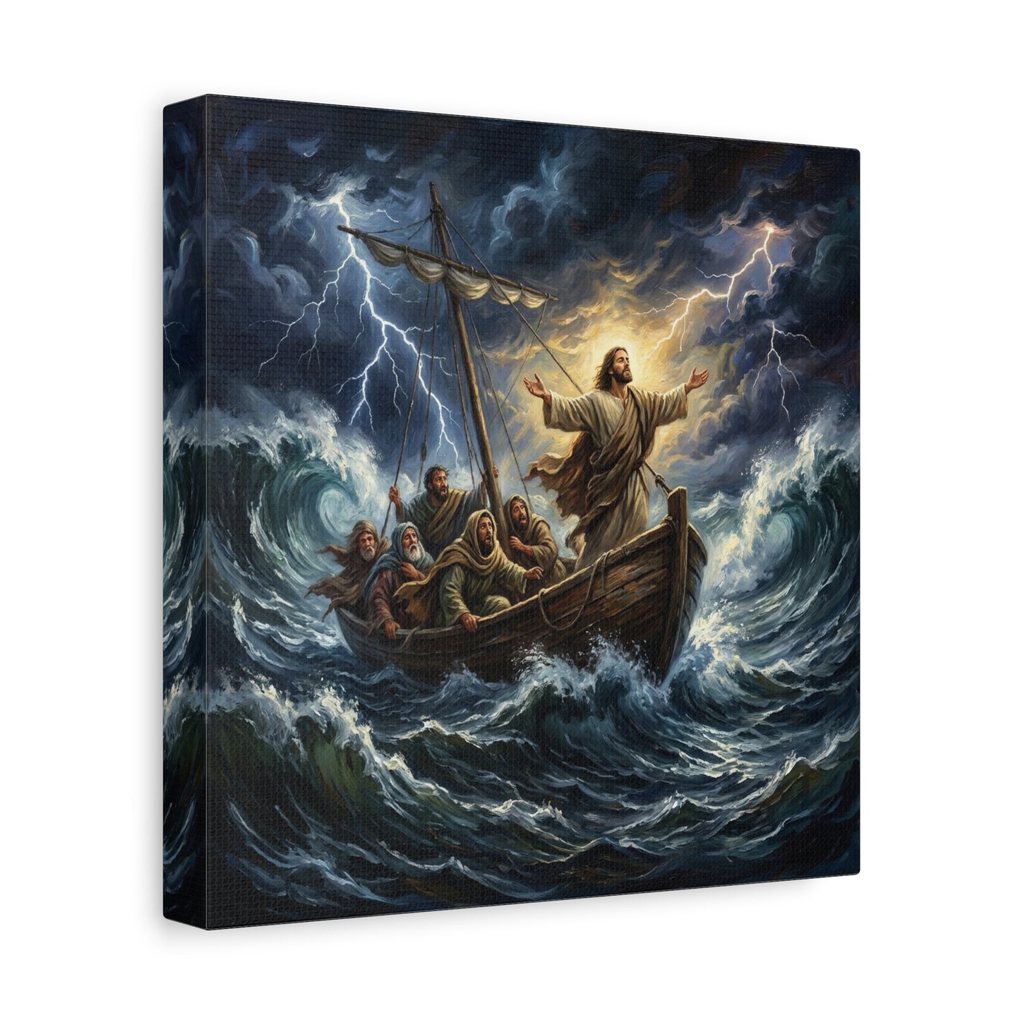 Jesus Calming The Storm Canvas Wall Art - Bible Boat Sea Scene, Dramatic Lightning Waves - Cotton Matte Print - Traditional Religious Decor For Living Room Office Bedroom - Living Room Wall Decor