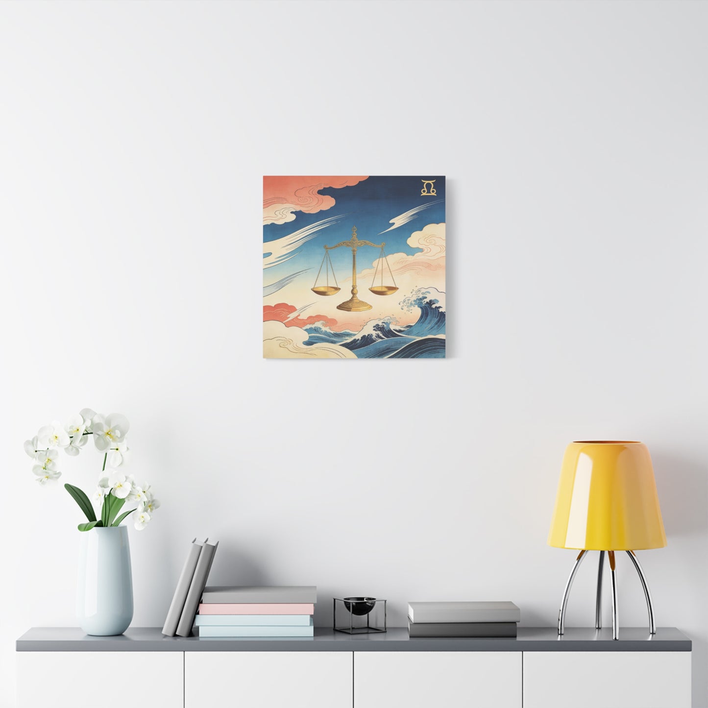 Libra Zodiac Canvas Wall Decor - Vintage Japanese Wave Scales Illustration - Celestial Astrology Print, Gold Balance Symbol, Traditional Style, Bedroom Home Decoration - Living Room Wall Decor
