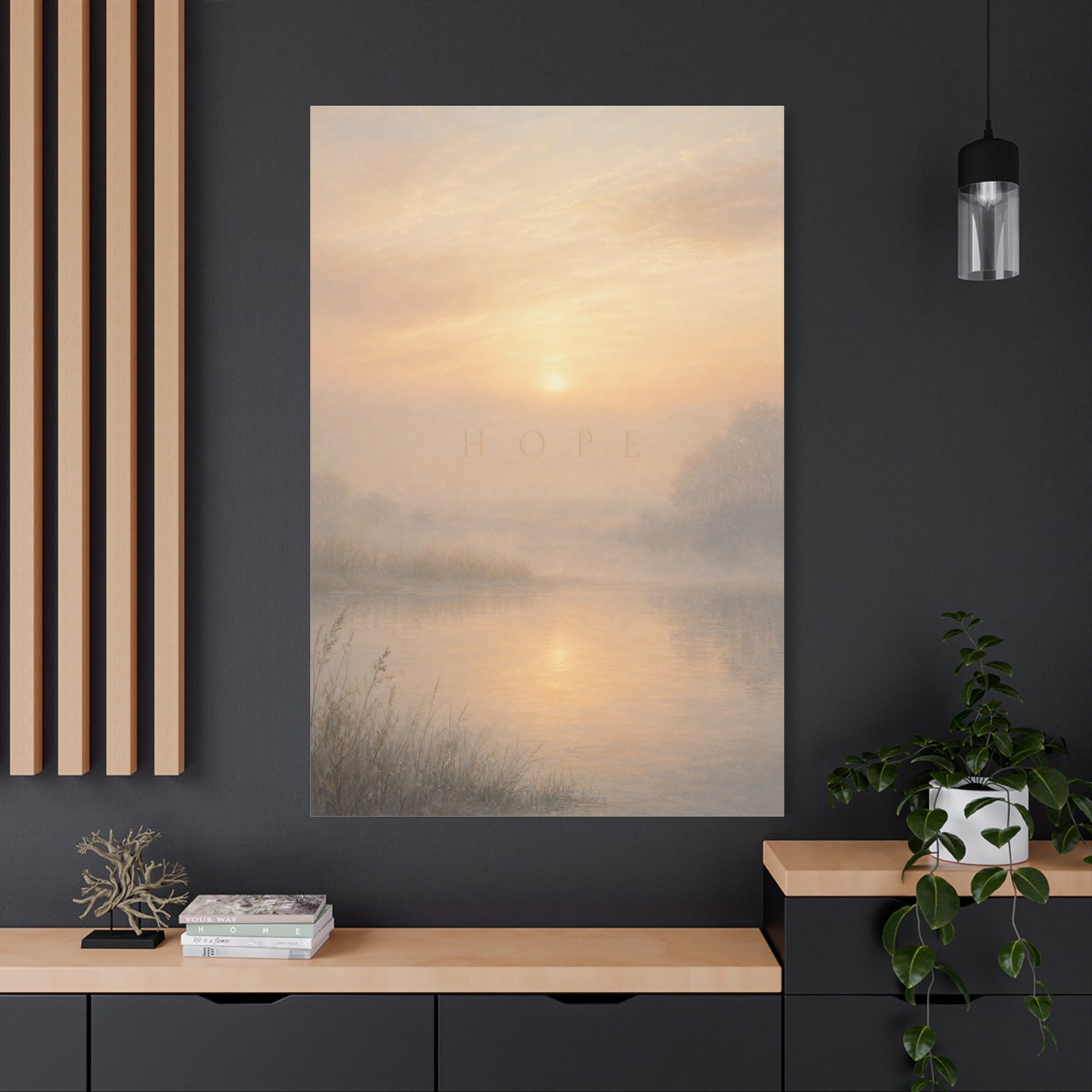 "Hope" Misty Sunrise Lake Canvas Wall Art - Serene Landscape Print, Inspirational Bedroom Wall Decor, Soft Neutral Home Decoration, Contemporary Meditation Space Accent - Bedroom Home Decoration