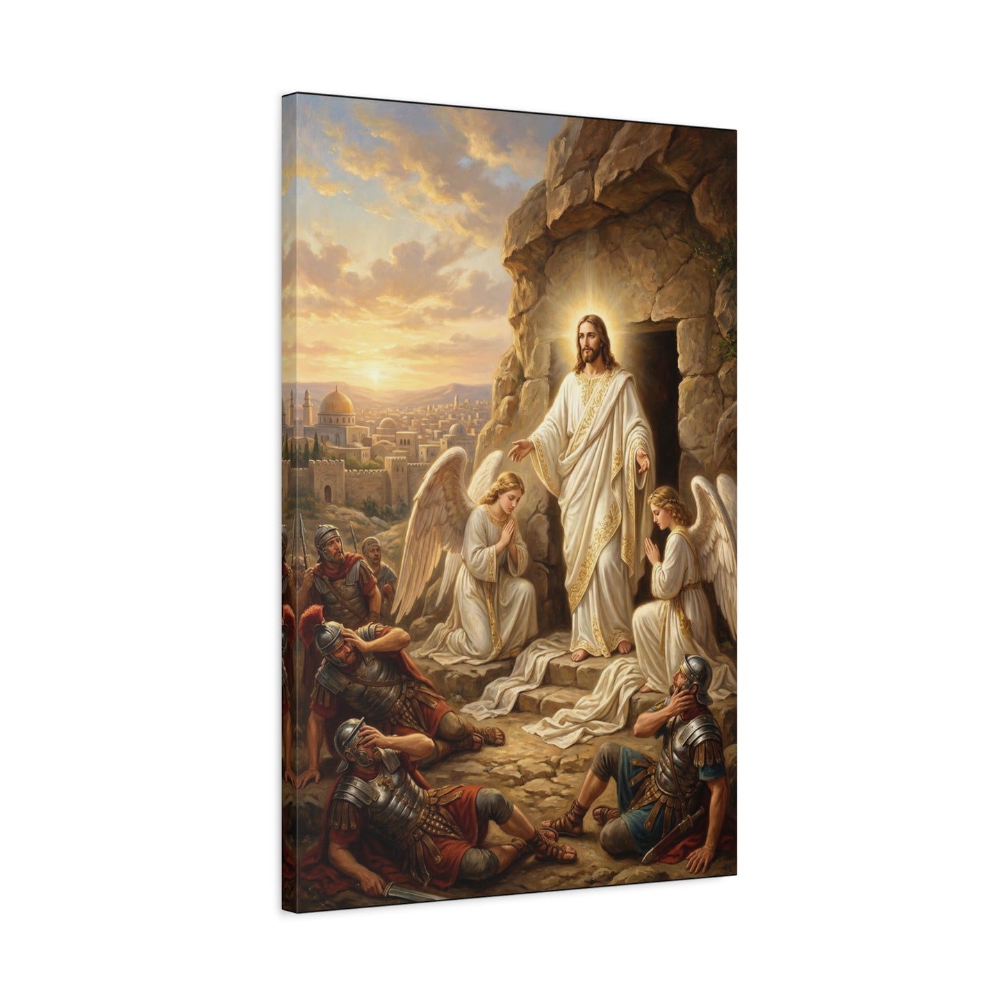 Jesus Christ Resurrection Canvas Wall Art - Empty Tomb, Angels, Roman Soldiers - Traditional Religious Print, Golden Dawn Scene - Living Room Wall Decor, Bedroom Home Decoration - Ready to Hang
