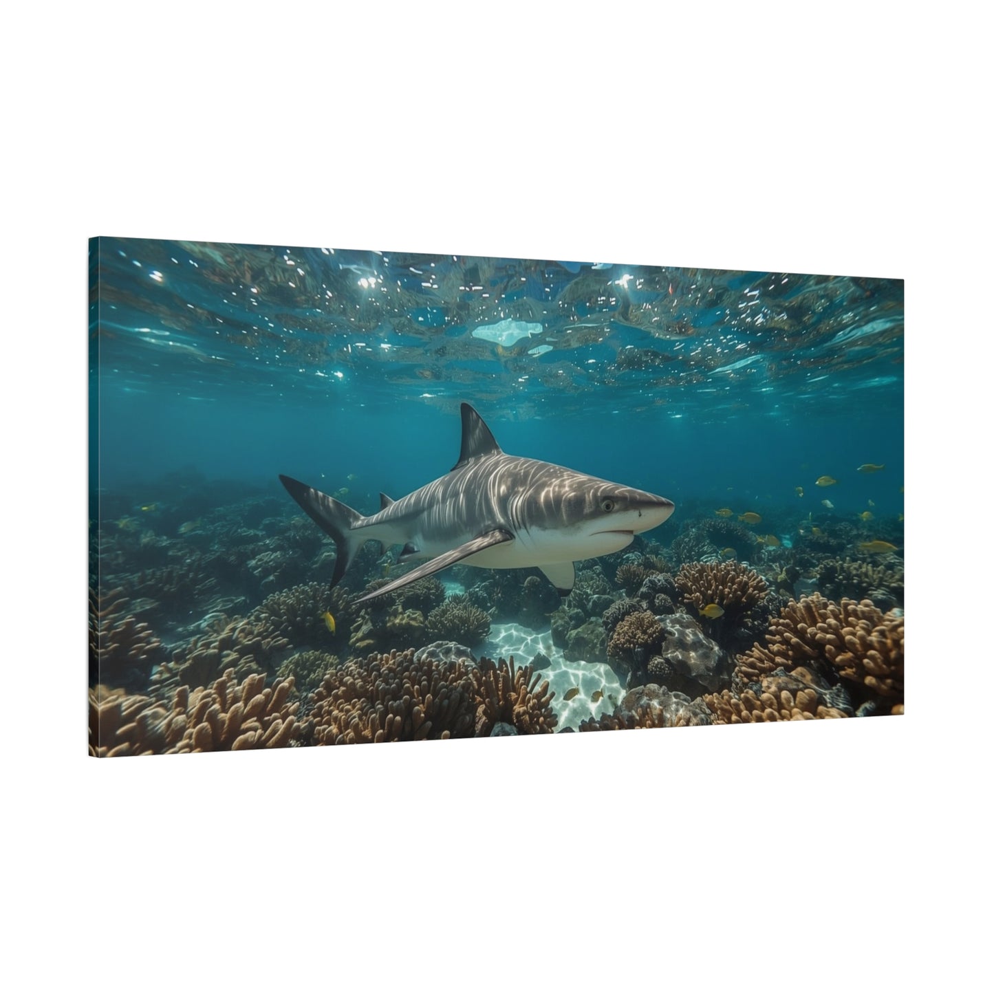 Tiger Shark Canvas Wall Art - Underwater Coral Reef Ocean Art Print, Blue Coastal Wall Decor - Matte Canvas Seascape - Living Room Home Decoration, Office Art - Bedroom Home Decoration