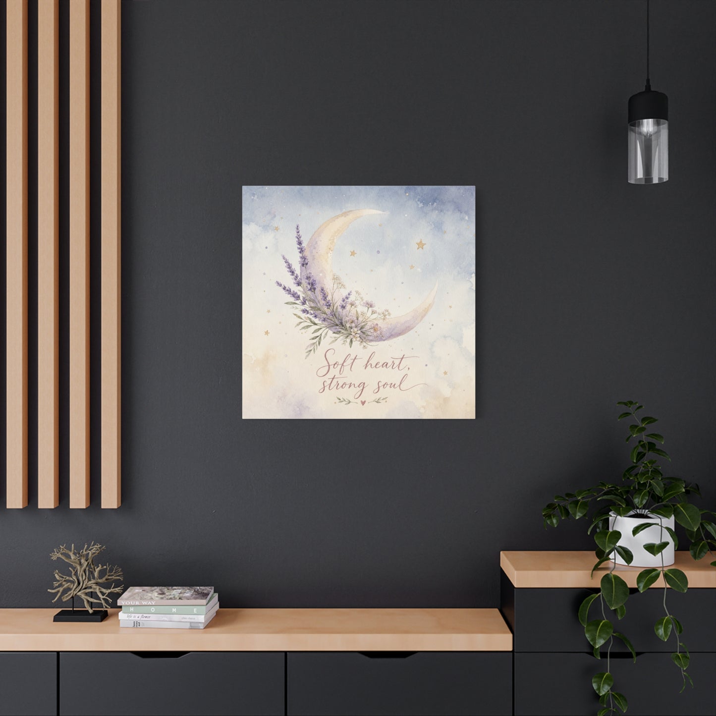 "Soft Heart, Strong Soul" Moon Canvas Wall Art - Lavender Floral Celestial Quote Print - Watercolor Nursery Bedroom Decor - Bohemian Home Decoration - Office Wall Art - Bedroom Home Decoration