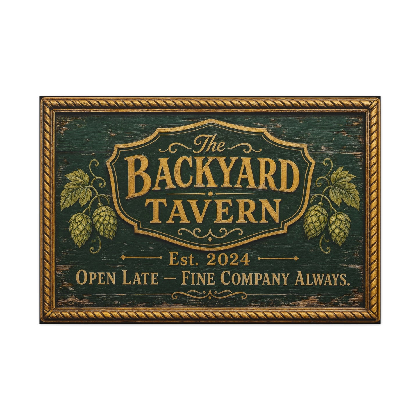 "The Backyard Tavern" Canvas Wall Art - Vintage Pub Sign, Rustic Typography Decor - Green And Gold Tavern Style Print, Bar Room Wall Decor - Ready to Hang - Ready to Hang - Speakeasy Style Sign