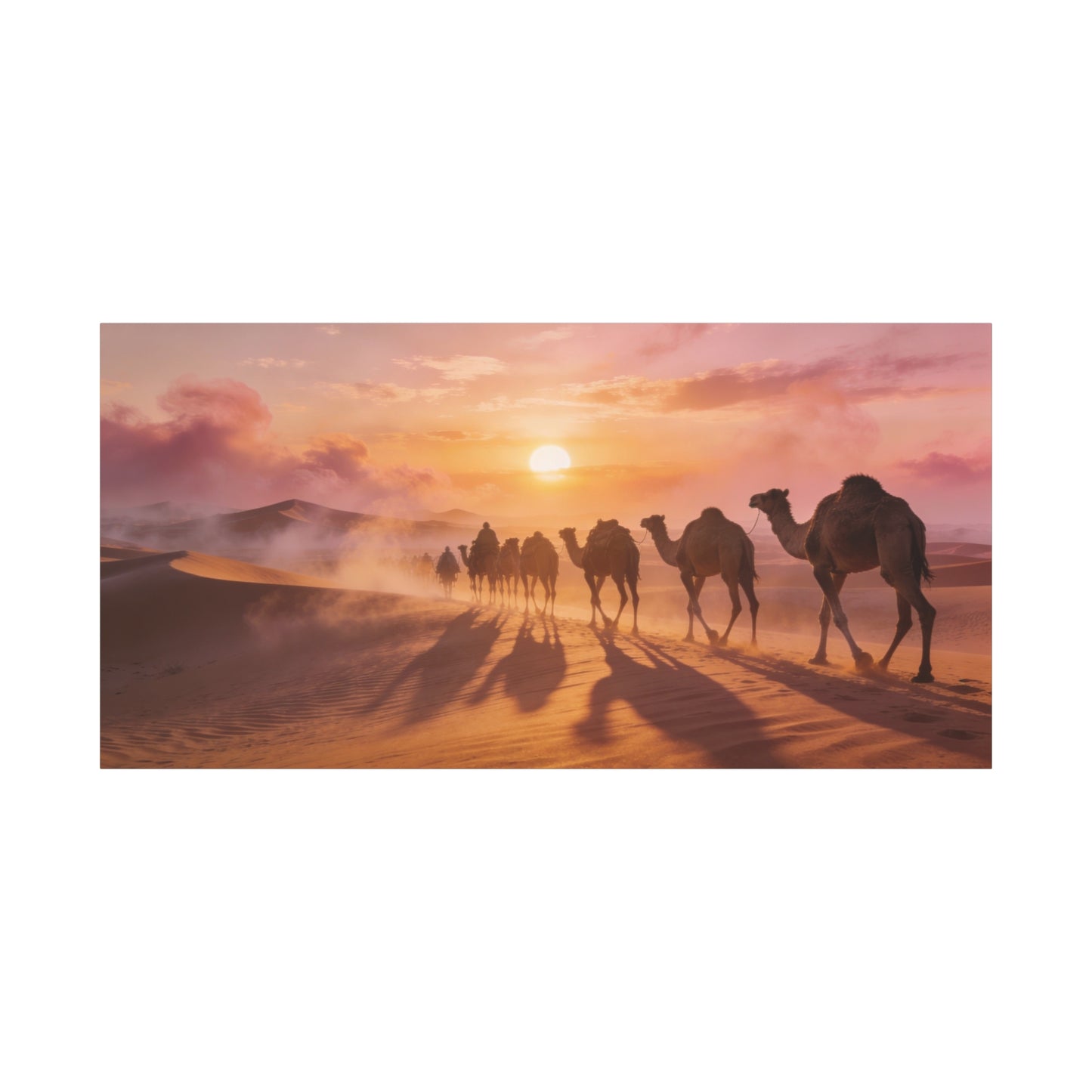 Desert Camel Caravan Canvas Wall Art - Sunset Sand Dunes, Golden Horizon, Matte Finish Canvas Print - Contemporary Landscape Style - Living Room Wall Decor, Bedroom Home Decoration - Ready to Hang