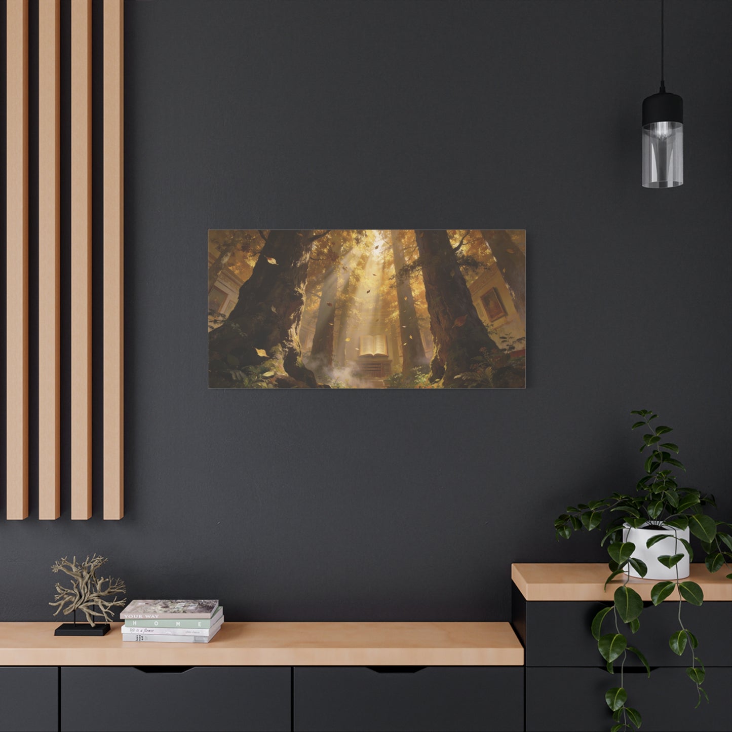 Enchanted Forest Library Canvas Wall Art - Sunbeams, Open Book, Autumn Trees - Matte Cotton Art Print - Fantasy Landscape Style - Living Room Wall Decor, Office Accent - Bedroom Home Decoration