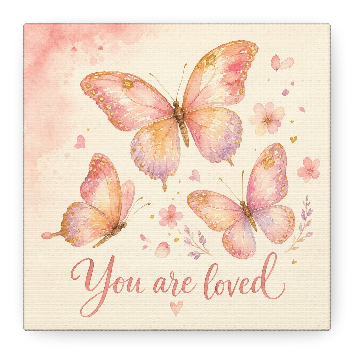 "You Are Loved" Butterfly Canvas Wall Art - Pink Watercolor Butterflies, Inspirational Nursery Decor - Soft Pastel Floral Home Decoration - Bedroom Wall Hanging, Baby Girl Room Accent - Ready to Hang