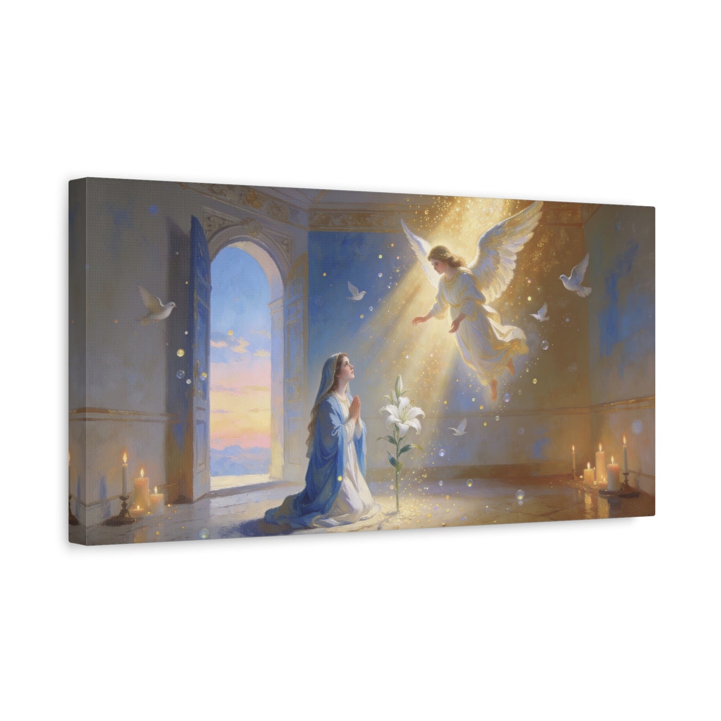 Virgin Mary Angel Canvas Wall Art - Annunciation Religious Print, White Lily, Doves, Golden Light - Traditional Matte Canvas - Bedroom Christian Wall Decor, Meditation Space - Bedroom Home Decoration