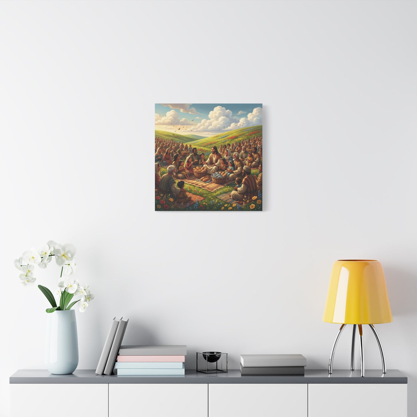 Jesus Feeding The Multitude Canvas Wall Art - Bread And Fish Biblical Scene - Meadow Landscape Christian Home Decor - Matte Cotton Print For Living Room, Bedroom, Office, Meditation Space