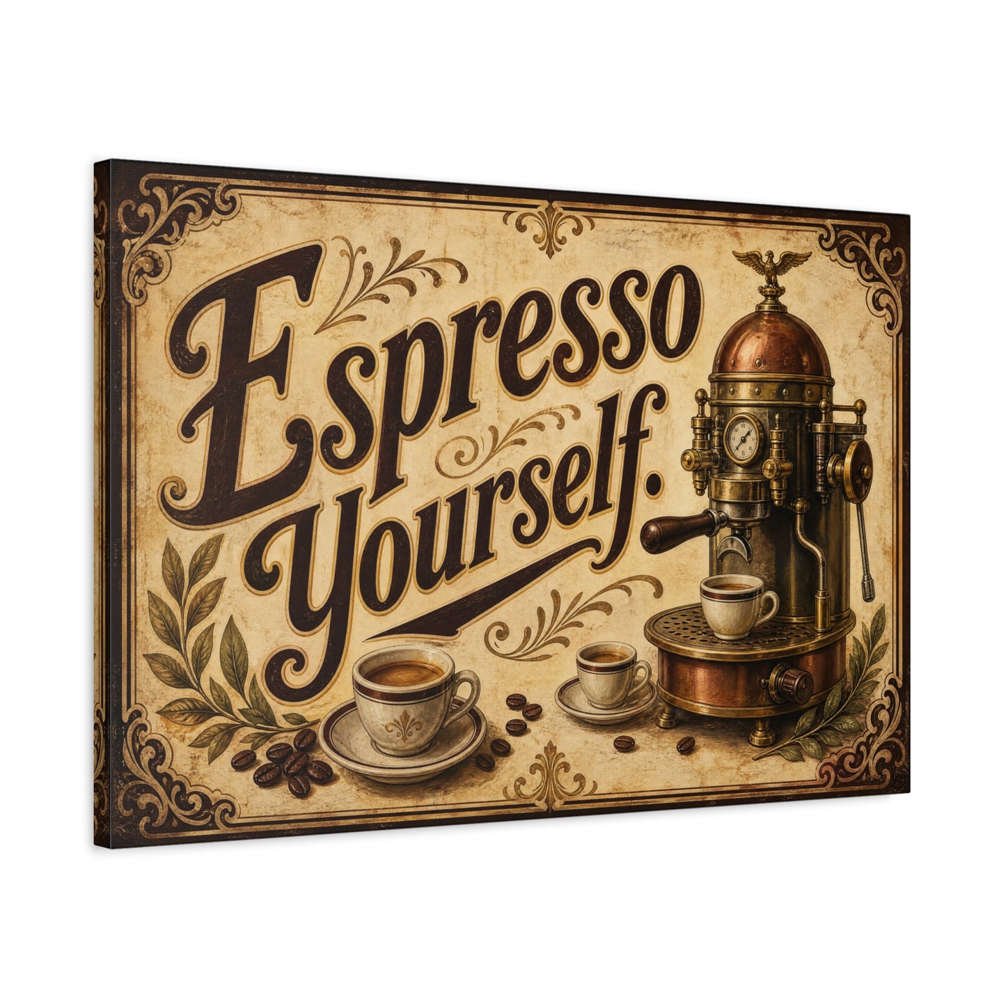 "Espresso Yourself" Coffee Canvas Wall Art - Vintage Espresso Machine Decor - Rustic Cafe Style Matte Print - Ready to Hang - Ready to Hang - Coffee Shop Decor - Cafe Wall Art - Gallery Wrapped Canvas