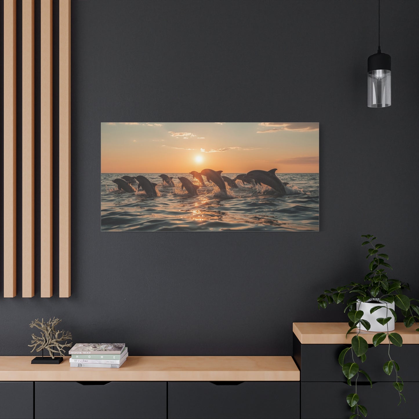 Dolphin Sunset Canvas Wall Art - Ocean Wildlife Art Print, Golden Seascape, Coastal Living Room Wall Decor, Bedroom Home Decoration, Ready to Hang Matte Canvas - Bedroom Home Decoration