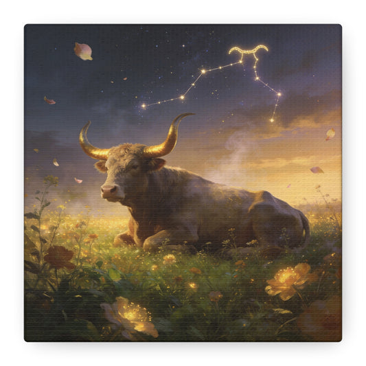 Taurus Zodiac Bull Canvas Wall Art - Celestial Constellation Night Meadow, Golden Horns, Dreamy Illustration - Matte Cotton Print - Bedroom Home Decoration, Office Wall Decor - Bedroom Home Decoration