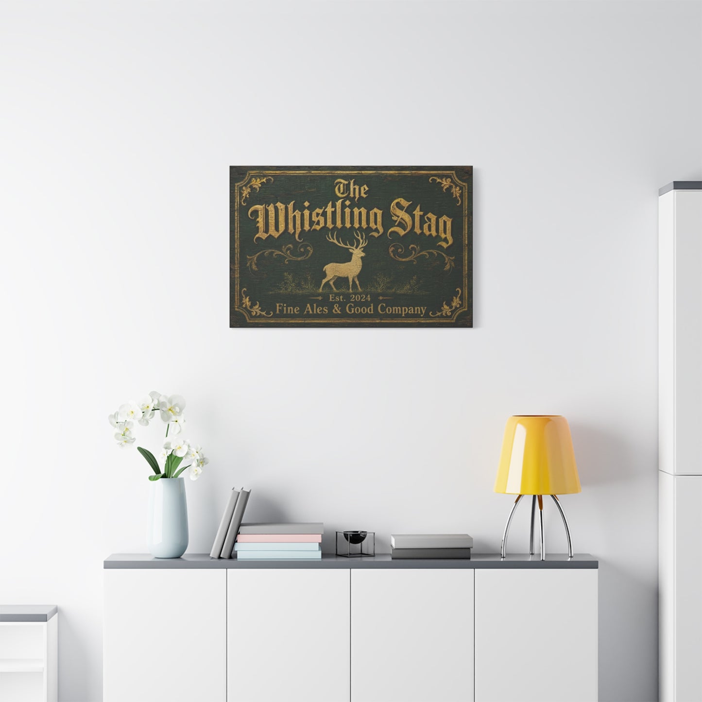 "The Whistling Stag" Canvas Wall Art - Vintage Deer Tavern Sign, Rustic Typography Print - Woodland Pub Style, Green And Gold - Bar Cart Accent - Ready to Hang - Pub Wall Art - Cocktail Lounge Decor