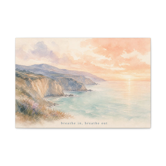 "Breathe In, Breathe Out" Coastal Sunset Canvas Wall Art - Watercolor Cliff Seascape, Jellyfish Room Decor, Serene Beach Landscape Print - Bedroom Home Decoration, Meditation Space - Office Wall Art