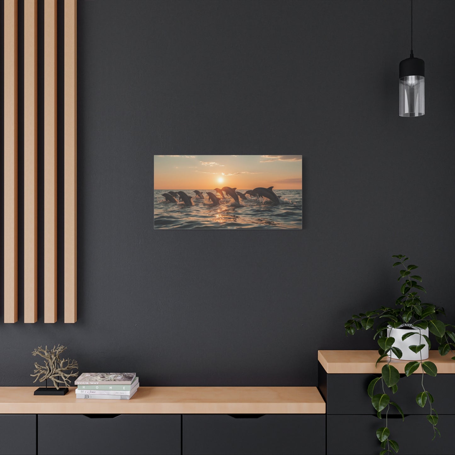 Dolphin Sunset Canvas Wall Art - Ocean Wildlife Art Print, Golden Seascape, Coastal Living Room Wall Decor, Bedroom Home Decoration, Ready to Hang Matte Canvas - Bedroom Home Decoration