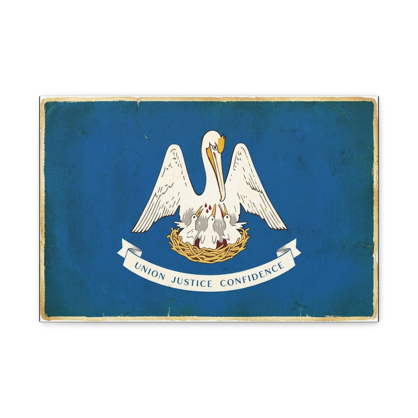 "Union Justice Confidence" Louisiana State Flag Canvas Wall Art - Vintage Pelican Crest Print, Distressed Blue Banner, Patriotic Traditional Decor - Living Room Office Wall Decor - Ready to Hang