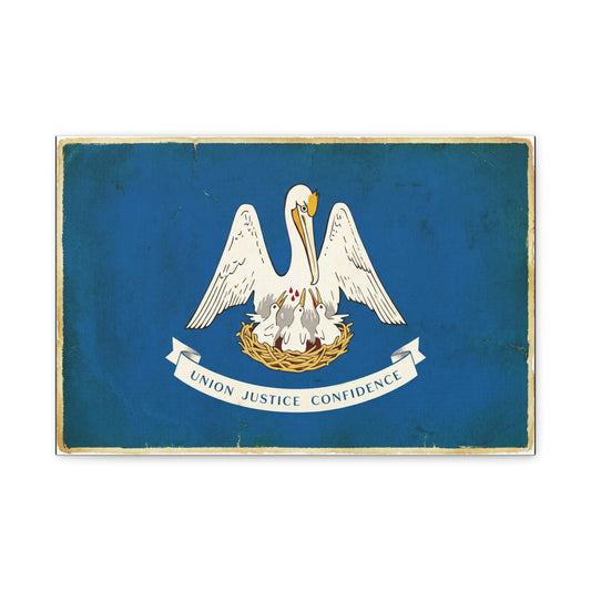 "Union Justice Confidence" Louisiana State Flag Canvas Wall Art - Vintage Pelican Crest Print, Distressed Blue Banner, Patriotic Traditional Decor - Living Room Office Wall Decor - Ready to Hang