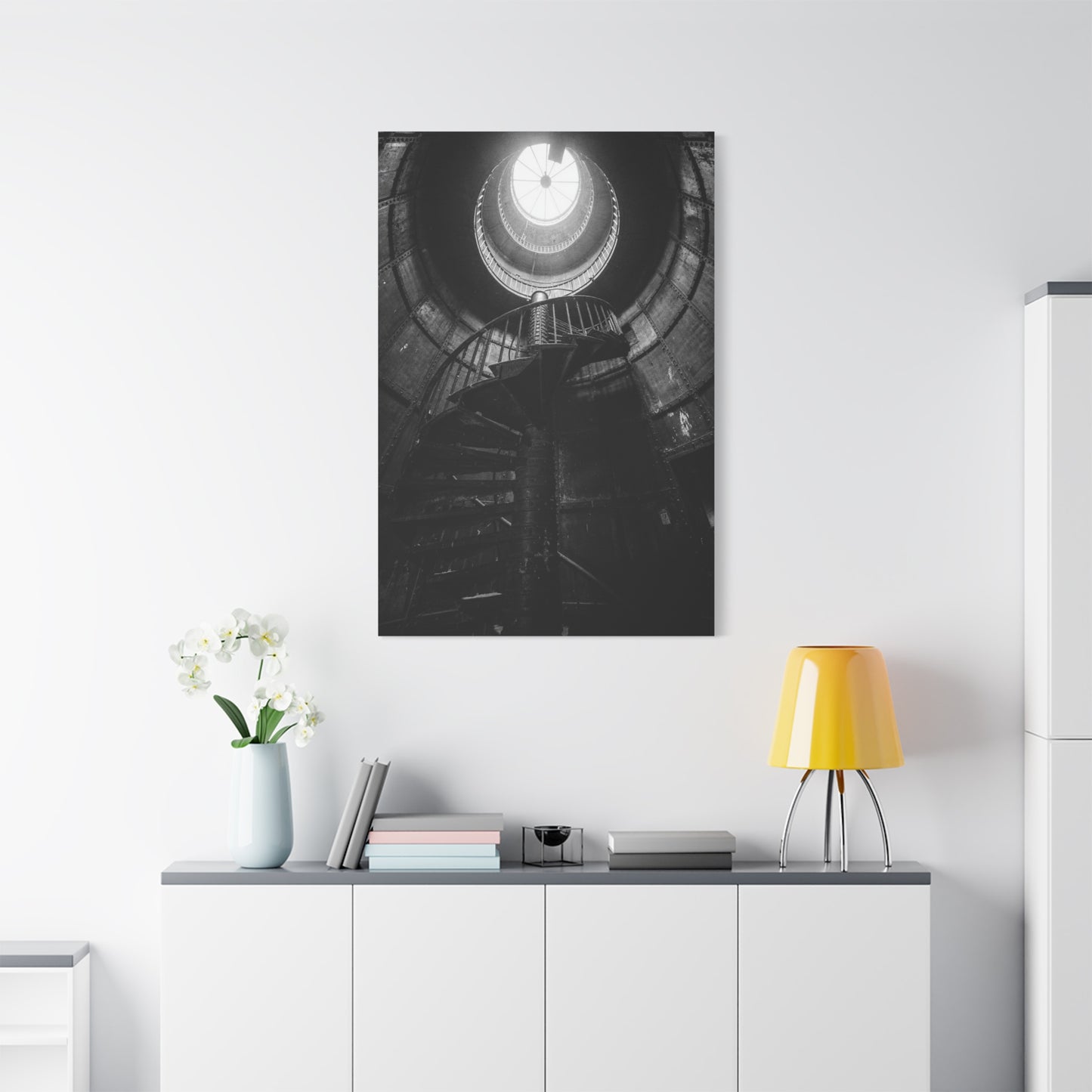 Black And White Spiral Staircase Canvas Wall Art - Architectural Art Print, Industrial Contemporary Style, Moody Home Decor, Home Office Wall Art, Living Room Accent - Modern Farmhouse Style