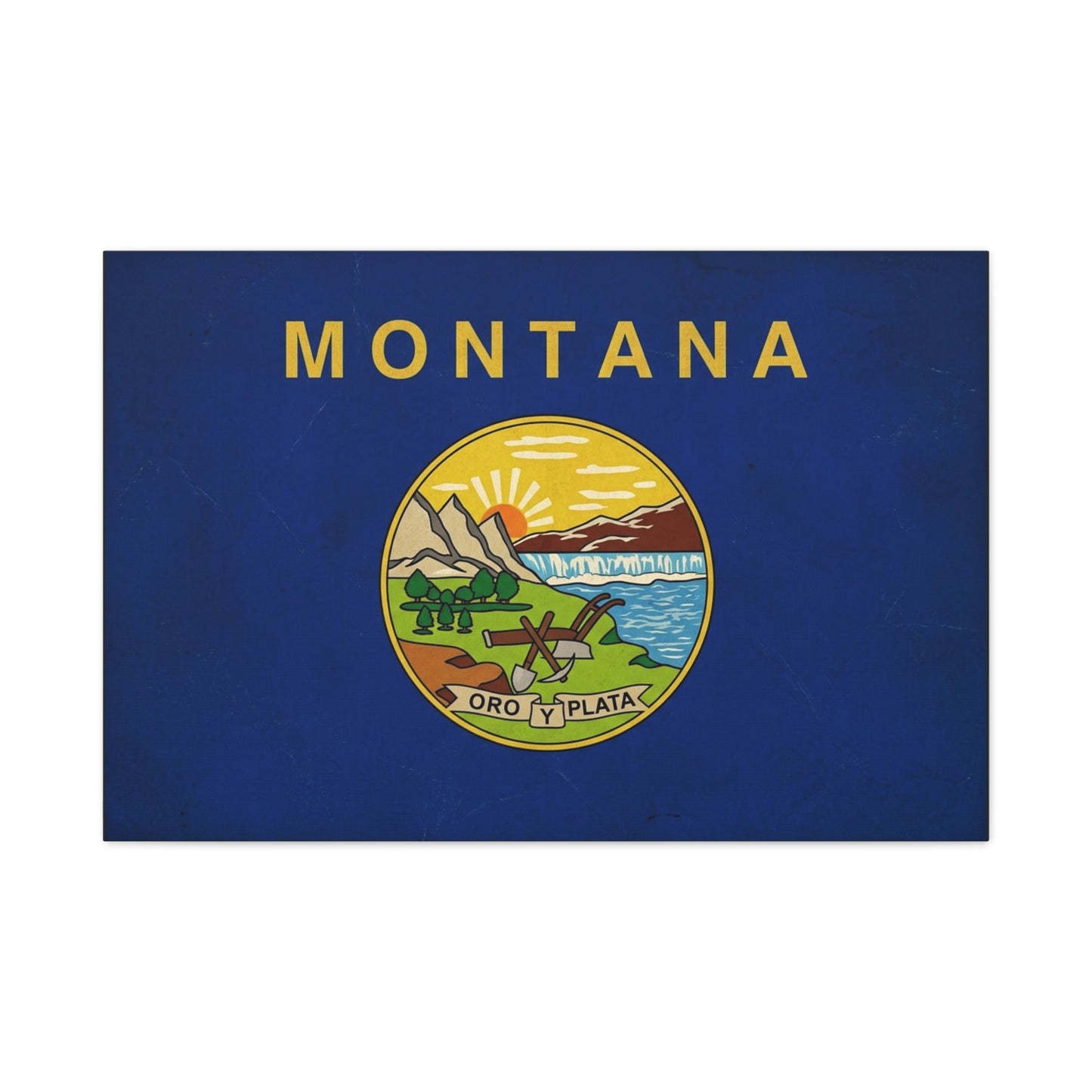 "Montana" State Flag Canvas Wall Art - Oro Y Plata Vintage Flag Print, Blue Western Decor - Rustic Americana Style - Living Room Wall Decor, Office Art - Bedroom Home Decoration - Ready to Hang