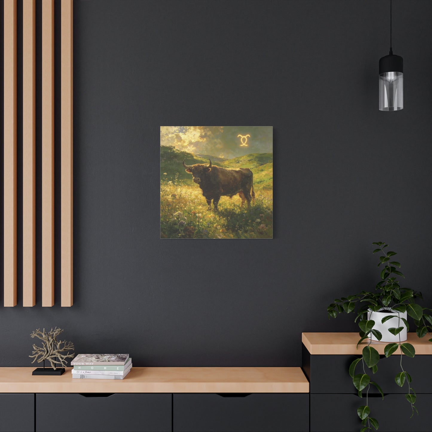 Taurus Bull Canvas Wall Art - Golden Meadow Landscape Painting, Zodiac Symbol, Rustic Contemporary Cotton Canvas Print, Living Room Wall Decor, Bedroom Home Decoration, Office Art Accent