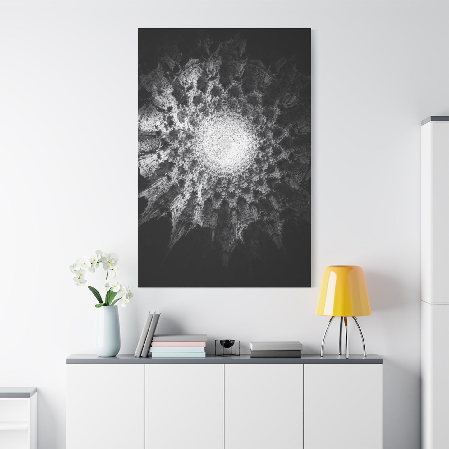 Abstract Black White Canvas Wall Art - Monochrome Fractal Mandala Design, Architectural Spiral Light - Matte Cotton Art Print - Contemporary Decor For Living Room, Bedroom, Office Accent