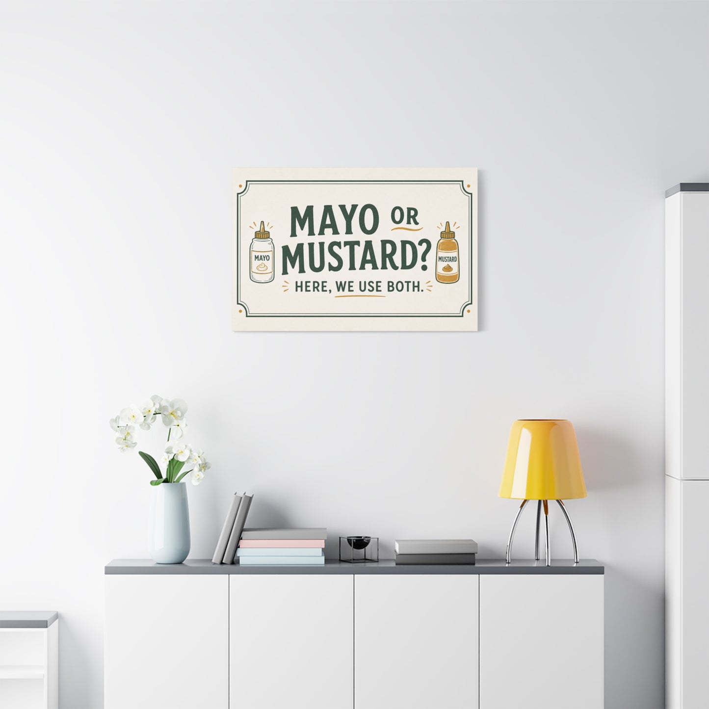 "Mayo Or Mustard Here, We Use Both." Funny Kitchen Canvas Wall Art - Condiment Quote Print, Retro Typography Food Decor, Farmhouse Dining Room Decoration - Living Room Wall Decor - Ready to Hang