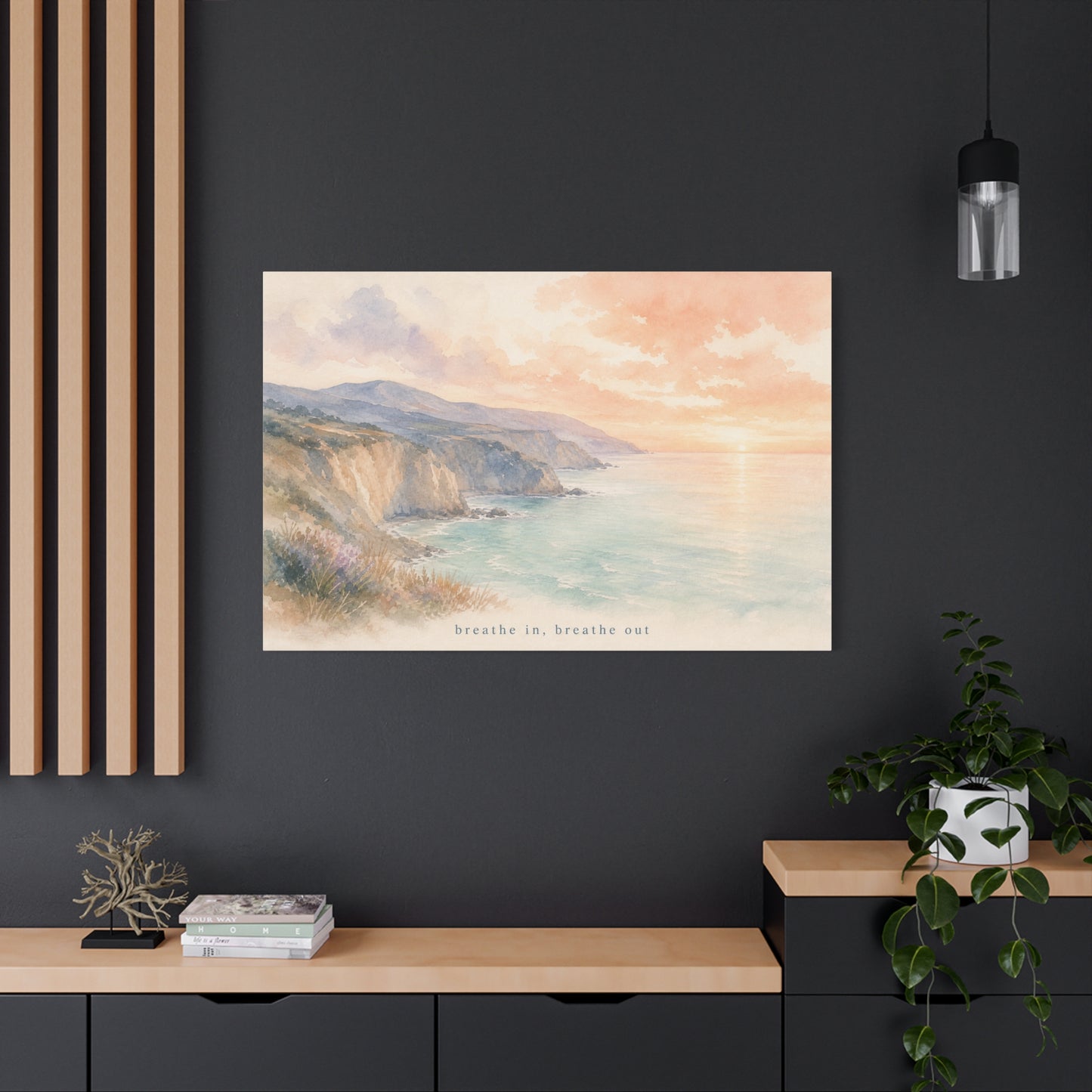"Breathe In, Breathe Out" Coastal Sunset Canvas Wall Art - Watercolor Cliff Seascape, Jellyfish Room Decor, Serene Beach Landscape Print - Bedroom Home Decoration, Meditation Space - Office Wall Art