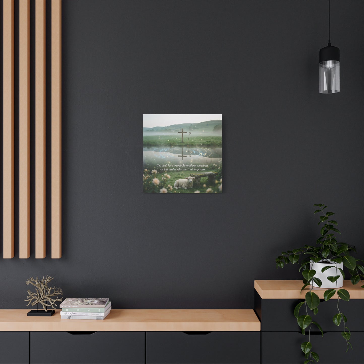 "You Don’t Have To Control Everything, Sometimes You Just Need To Relax And Trust The Process" Canvas Wall Art - Christian Cross, Lamb Meadow Scene - Inspirational Farmhouse Decor - Office Wall Art