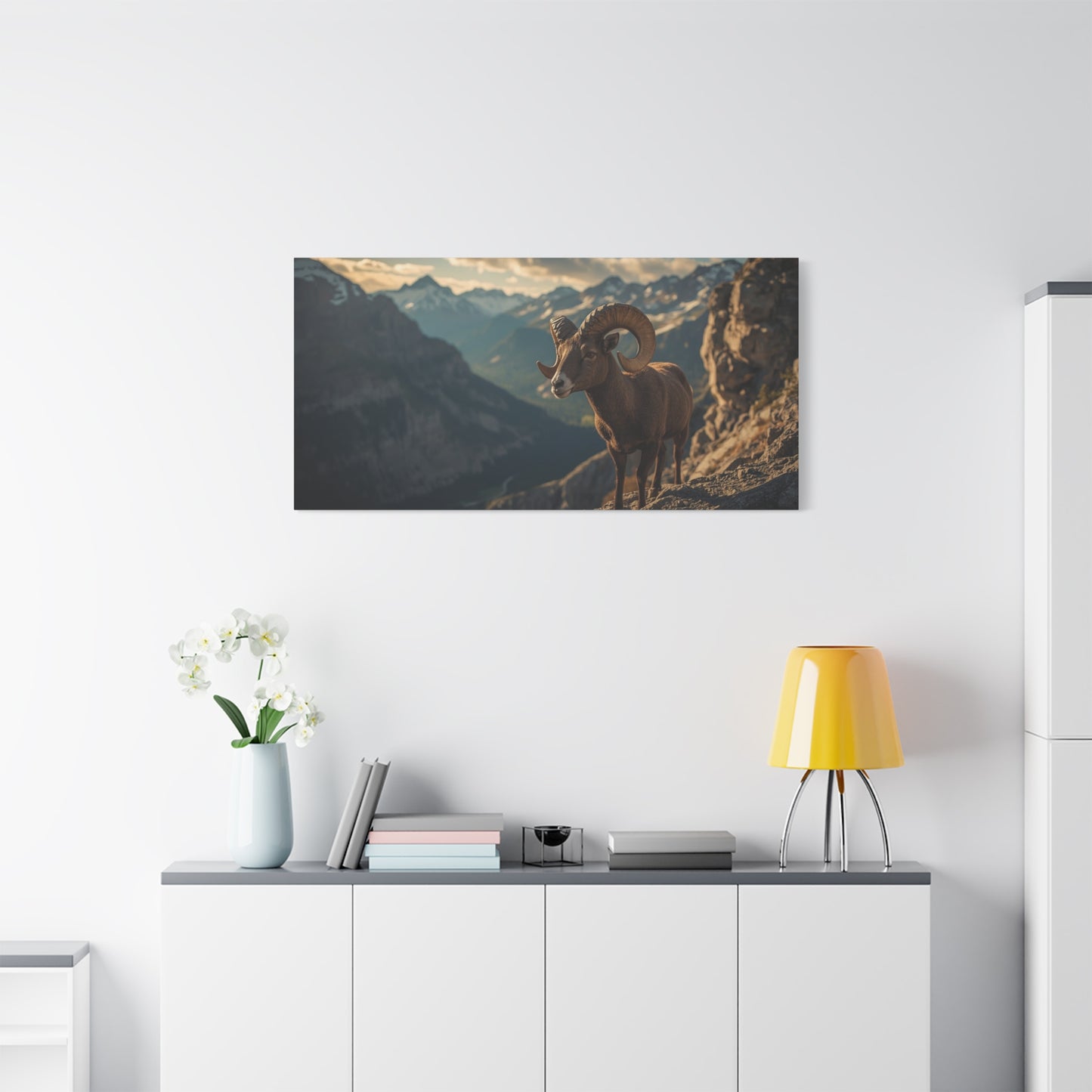 Bighorn Sheep Canvas Wall Art - Mountain Wildlife Art Print, Golden Alpine Cliff Scene - Matte Cotton Artwork - Rustic Lodge Decor, Living Room Wall Decor, Office Art - Bedroom Home Decoration