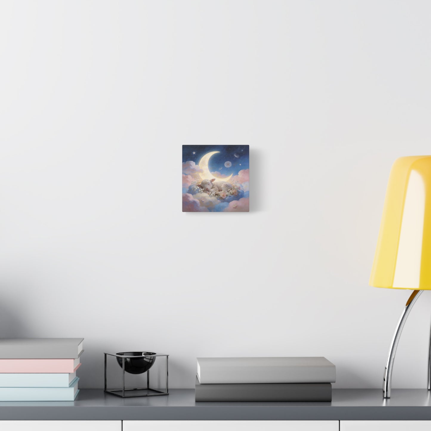 Sleeping Lamb Canvas Wall Art - Crescent Moon, Stars, Pink Clouds Nursery Decor - Dreamy Pastel Animal Painting, Bedroom Home Decoration, Bohemian Wall Hanging, Kids Room Accent - Ready to Hang