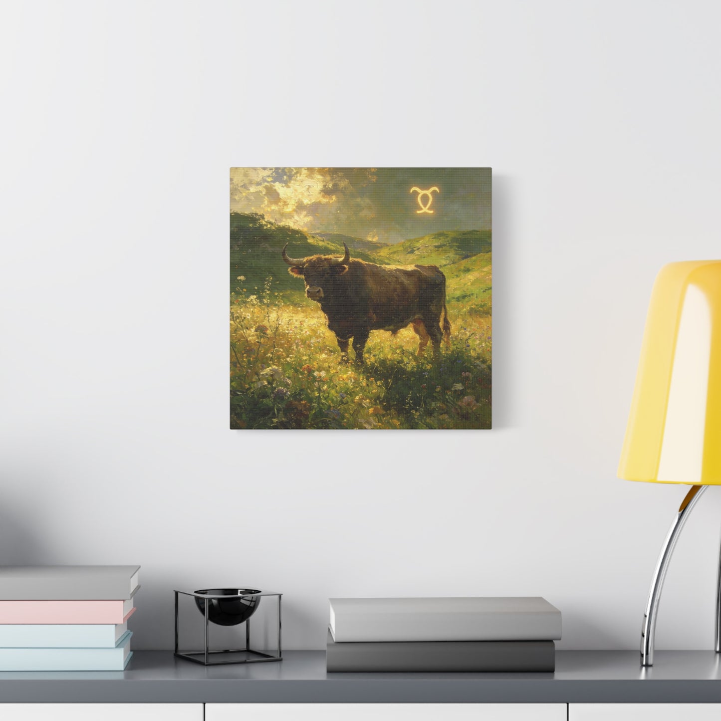 Taurus Bull Canvas Wall Art - Golden Meadow Landscape Painting, Zodiac Symbol, Rustic Contemporary Cotton Canvas Print, Living Room Wall Decor, Bedroom Home Decoration, Office Art Accent