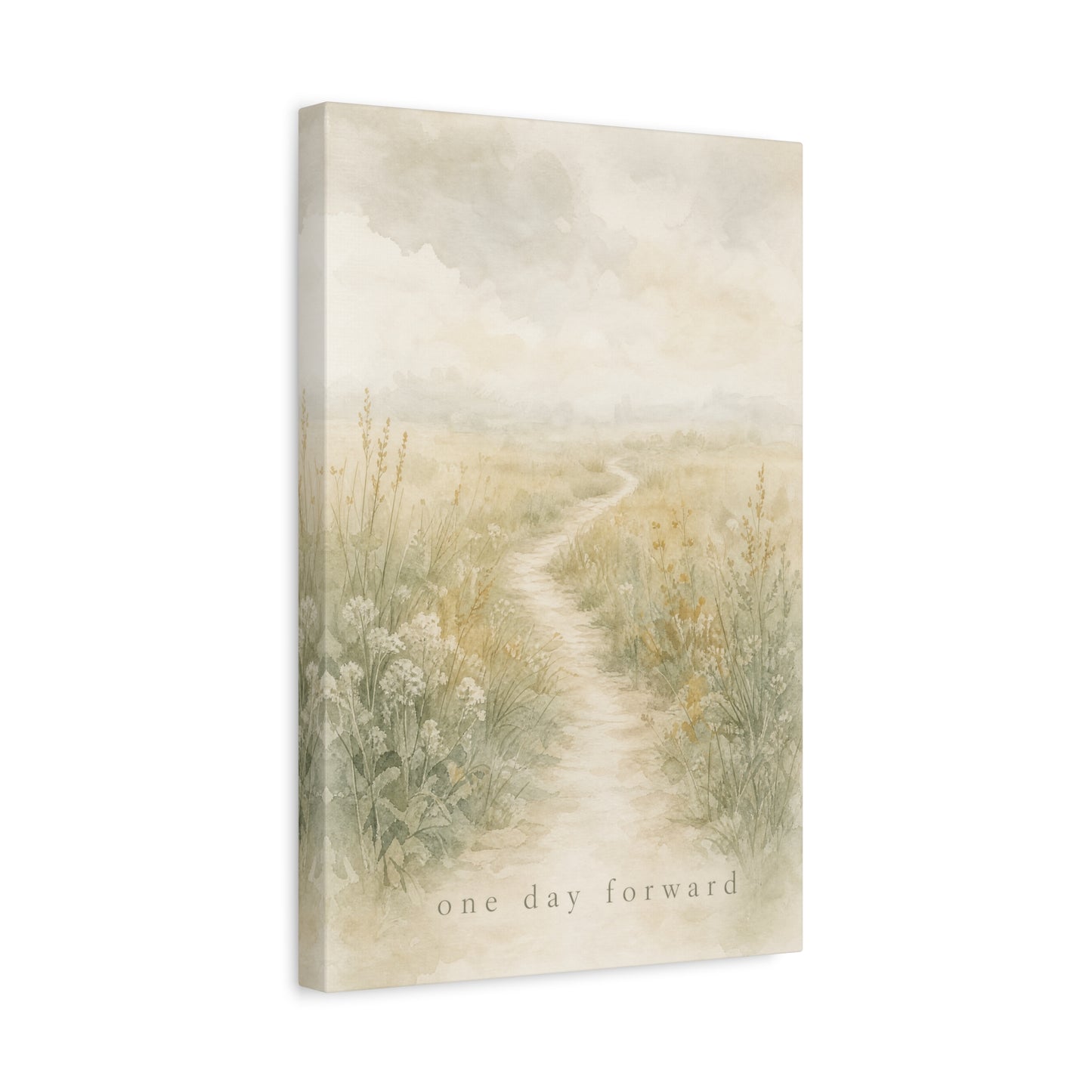 "One Day Forward" Inspirational Canvas Wall Art - Soft Meadow Path Watercolor Print, Neutral Sage Beige Botanical Landscape, Bedroom Wall Decor, Meditation Space Home Decoration - Ready to Hang