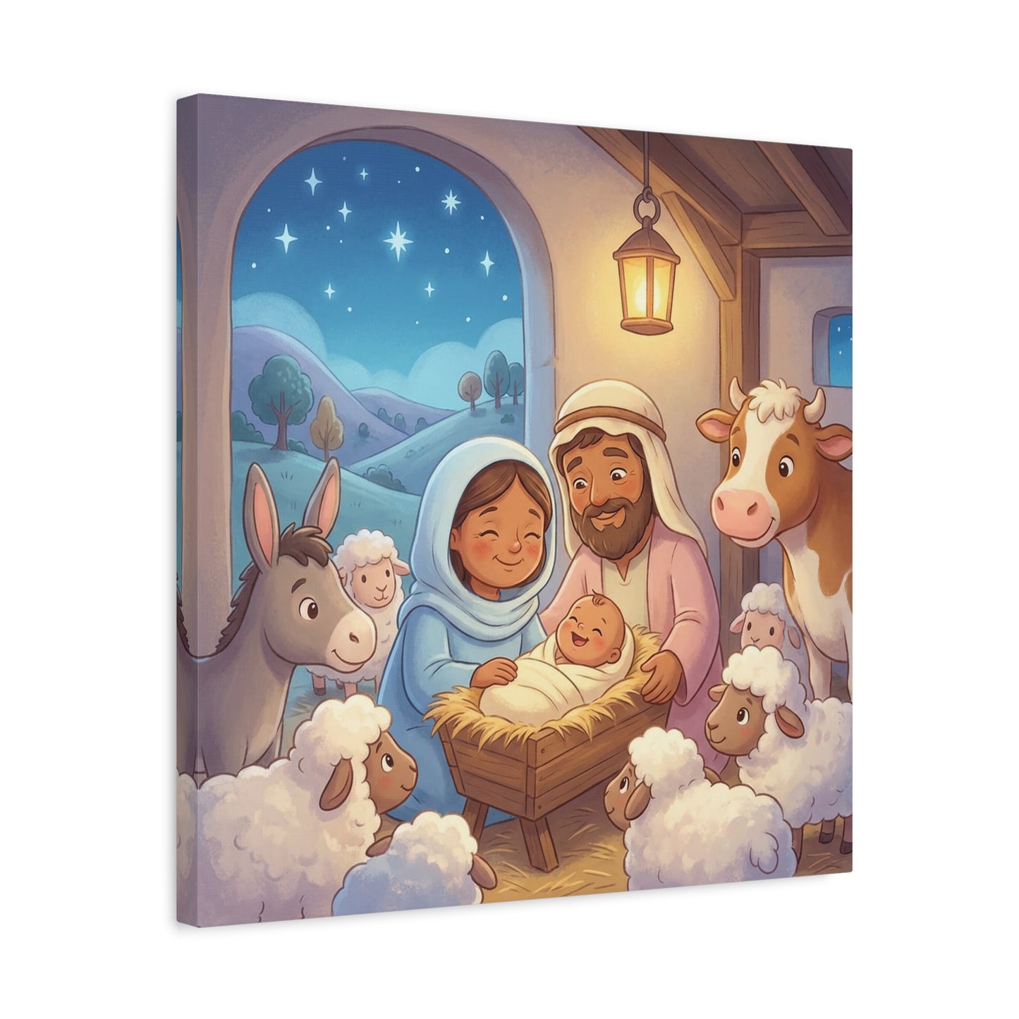 Holy Family Nativity Canvas Wall Art - Baby Jesus, Mary And Joseph Nursery Decor - Starry Stable Christian Home Decoration - Matte Canvas Print For Bedroom, Living Room - Ready to Hang - Ready to Hang