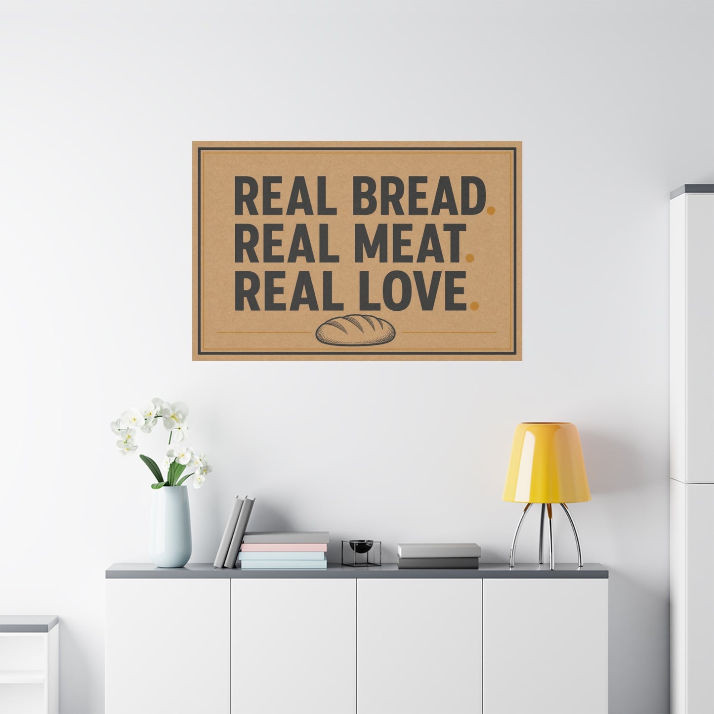 "Real Bread. Real Meat. Real Love." Canvas Wall Art - Rustic Typography Food Sign - Farmhouse Neutral Canvas Print - Bakery Style - Ready to Hang - Deli Wall Decor - Sandwich Shop Sign - Diner Decor