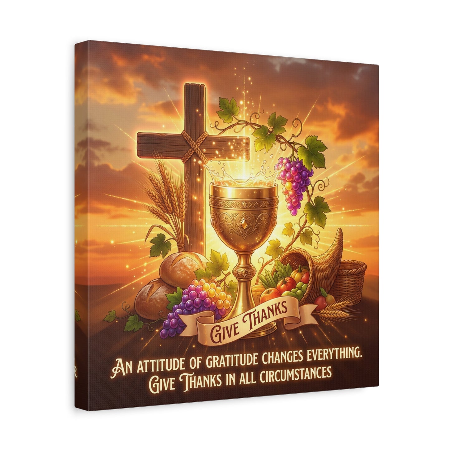 "Give Thanks" Christian Canvas Wall Art - Cross, Communion Chalice, Grapes, Bread - Gratitude Scripture Decor, Matte Cotton Print - Ready to Hang