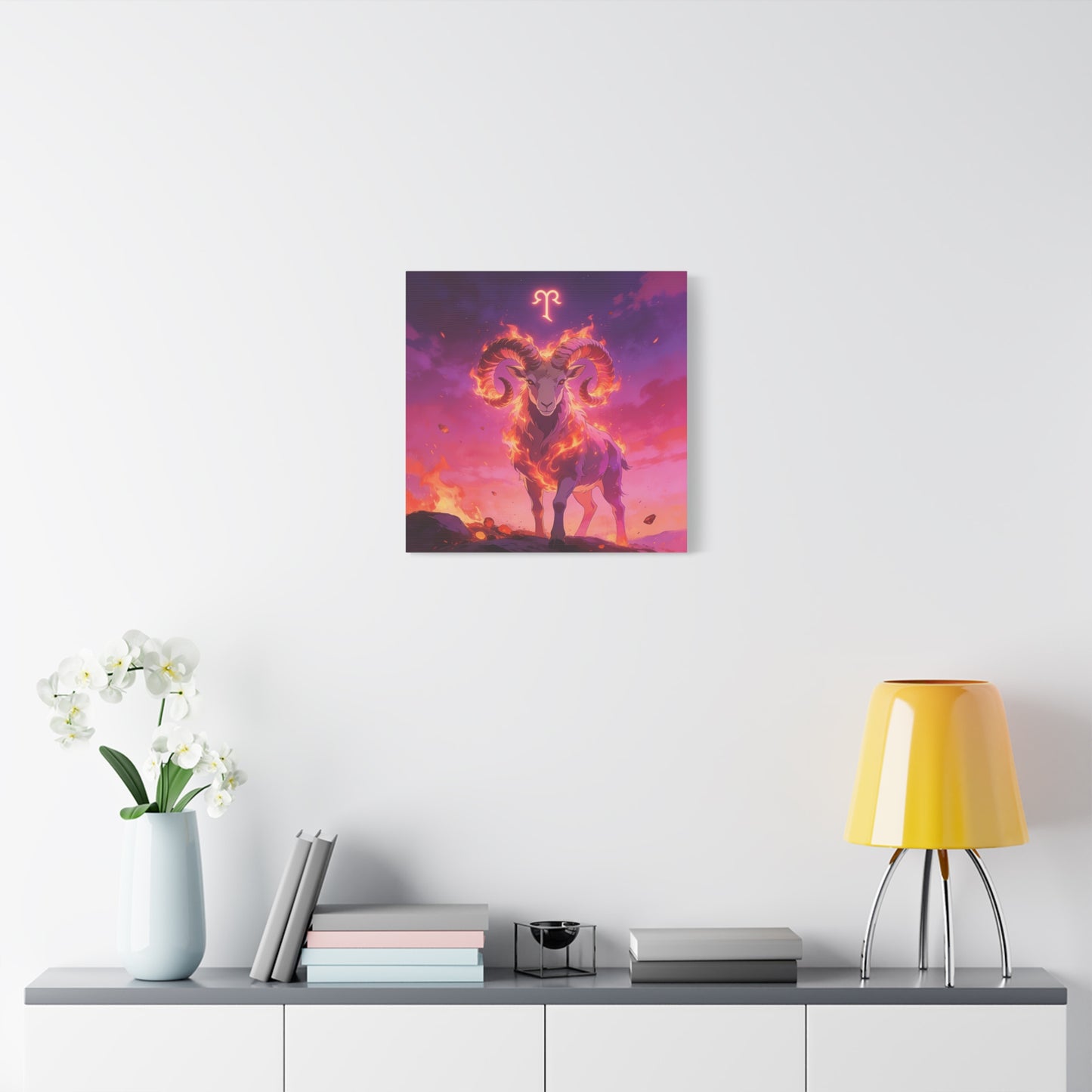 Aries Ram Canvas Wall Art - Fiery Zodiac Illustration, Purple Pink Flame Sky, Matte Canvas Print, Modern Fantasy Style, Bedroom Wall Decor, Home Office Accent, Statement Piece For Astrology Lovers