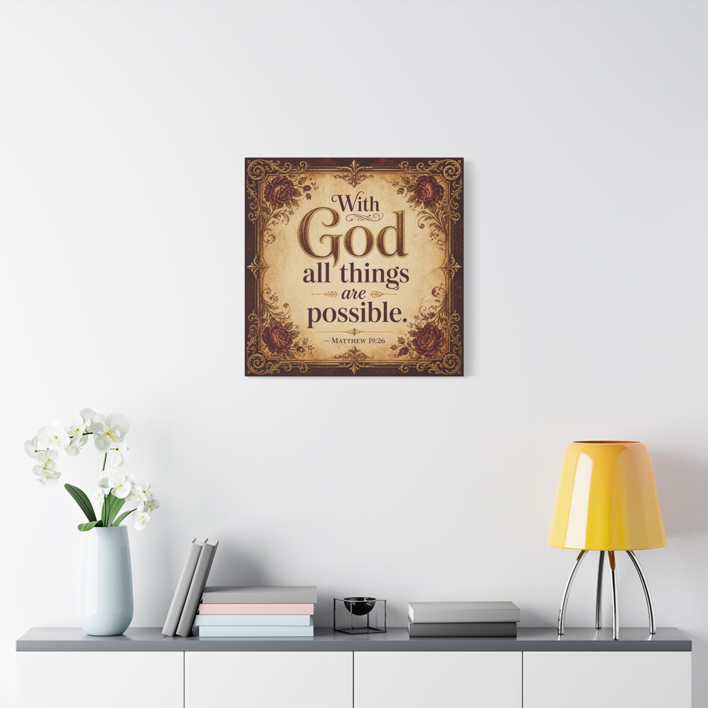 "With God All Things Are Possible. - Matthew 19:26" Christian Canvas Wall Art - Vintage Floral Scripture Print, Traditional Inspirational Decor, Living Room Bedroom Wall Hanging - Ready to Hang