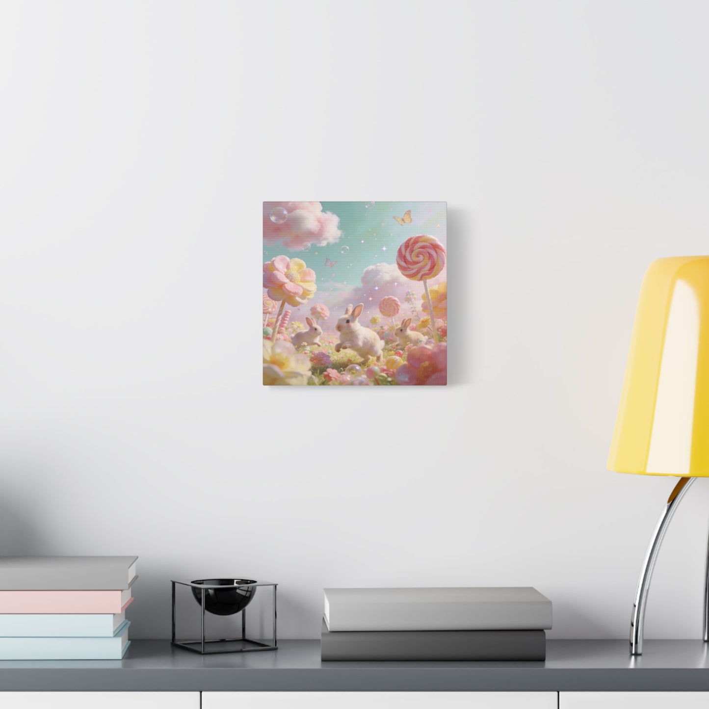 Bunny Candyland Canvas Wall Art - Pastel Rabbit Meadow, Lollipop Flowers, Dreamy Nursery Wall Decor - Whimsical Illustration - Bedroom Home Decoration, Kids Room Accent - Bedroom Home Decoration