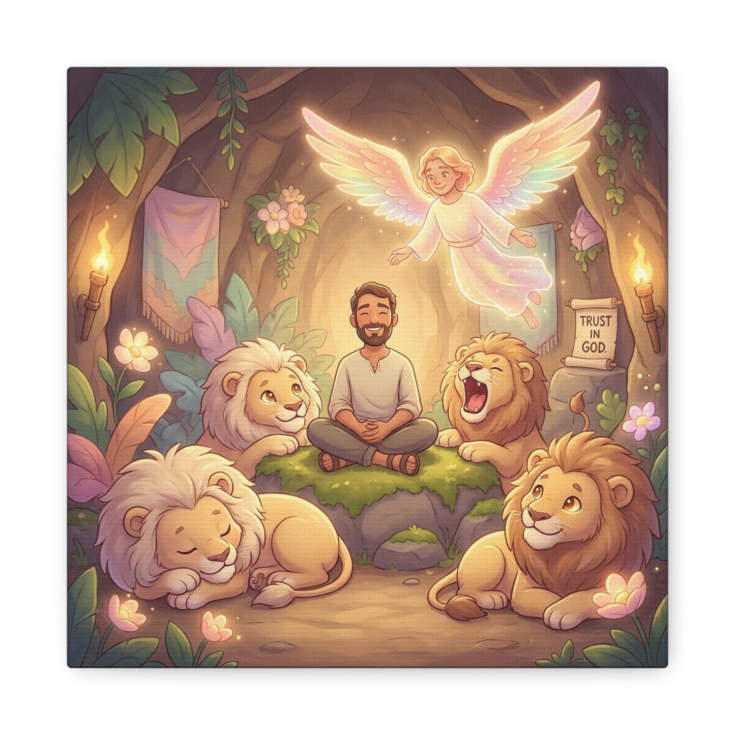 "Trust In God" Christian Canvas Wall Art - Angel, Man With Lions Cave Scene - Pastel Nursery Decor, Matte Cotton Print - Kids Bedroom Wall Decor, Playroom Home Decoration - Ready to Hang