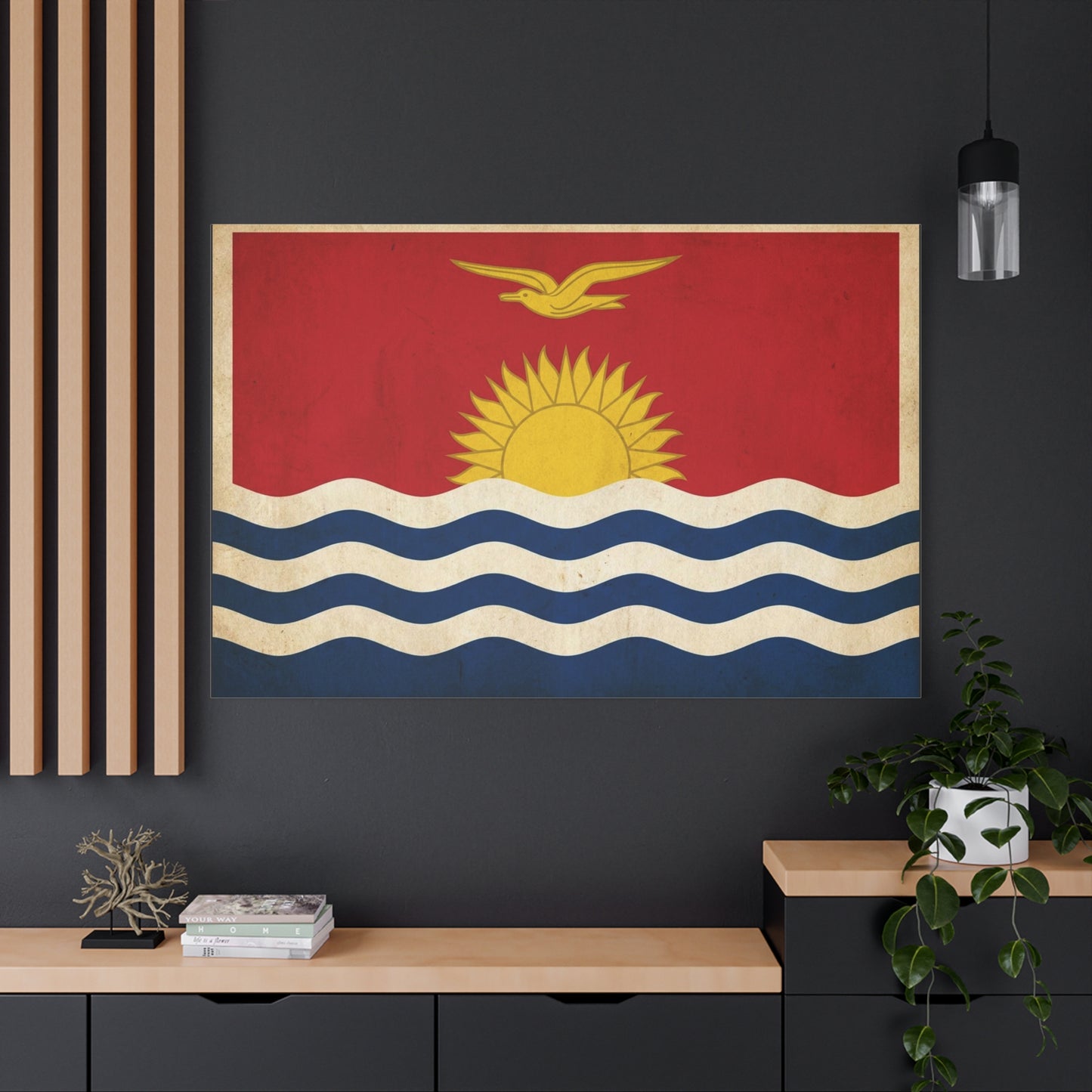 Kiribati Flag Canvas Wall Art - Vintage Island Nation Sun Bird Waves Print - Patriotic Red Gold Blue Coastal Style - Living Room Wall Decor, Office Art, Dorm Decoration - Bedroom Home Decoration
