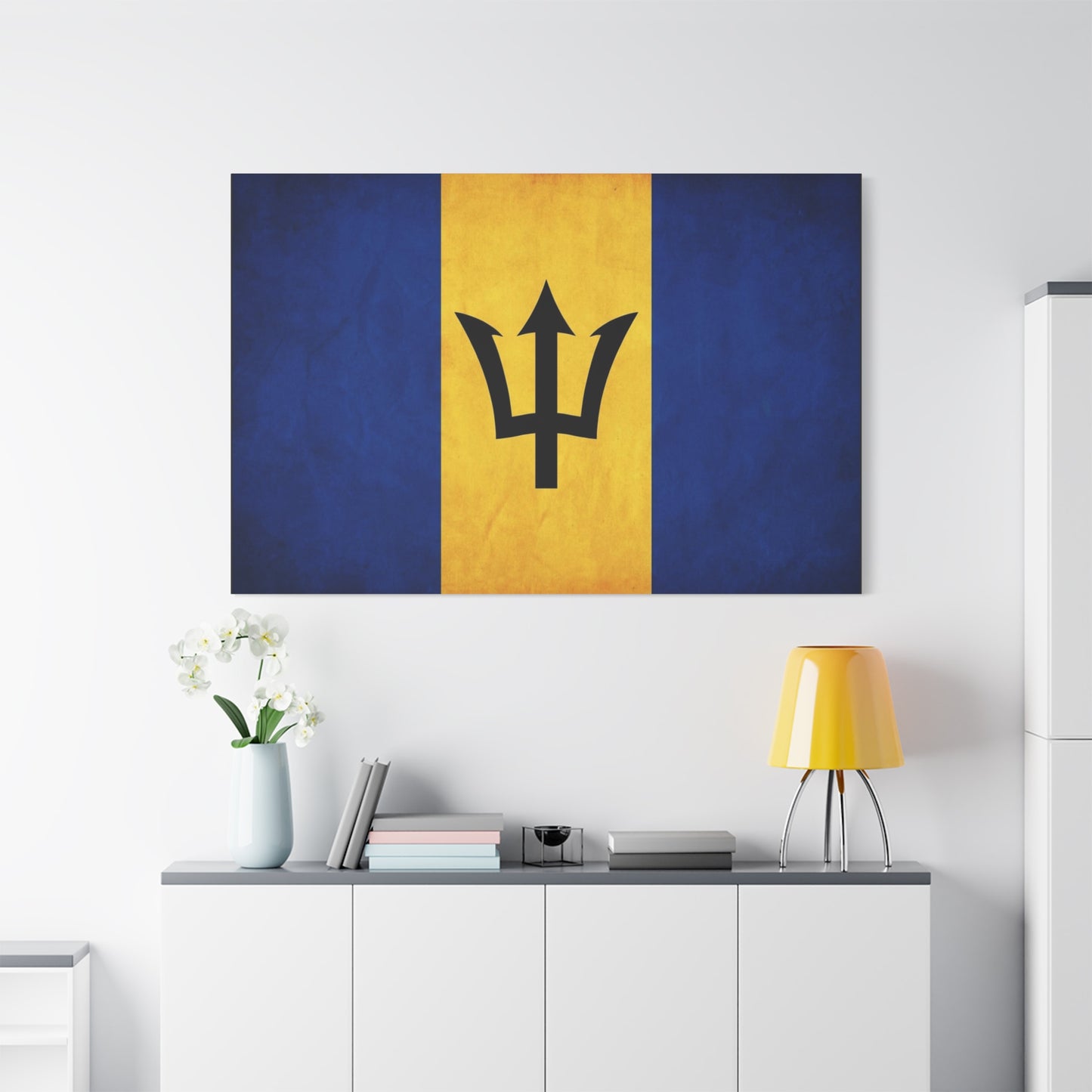 Barbados Flag Canvas Wall Art - Blue Gold Trident National Print, Caribbean Island Decor - Matte Cotton Artwork - Living Room Wall Decor, Office Accent - Bedroom Home Decoration - Ready to Hang