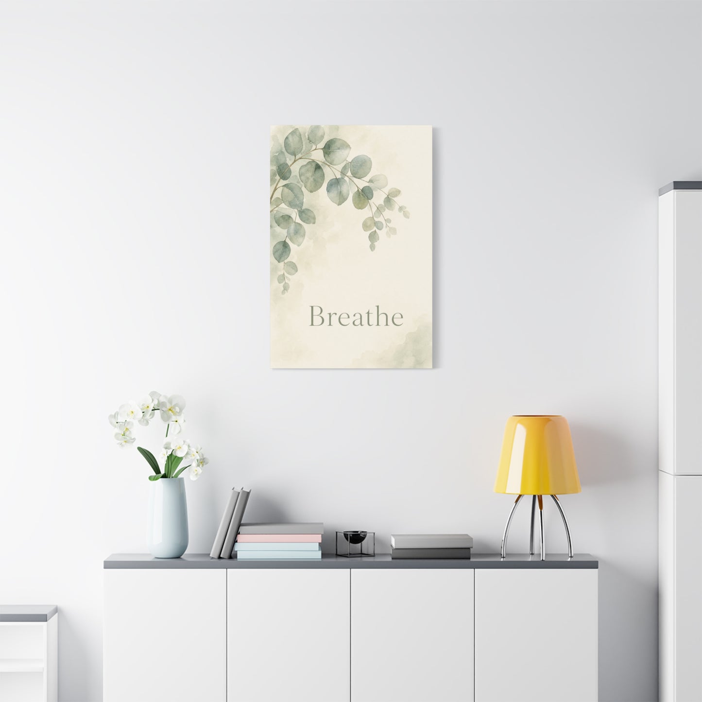 "Breathe" Botanical Canvas Wall Art - Sage Green Eucalyptus Leaves Watercolor Print - Minimalist Inspirational Wall Decor - Bedroom Home Decoration, Meditation Space Accent - Bedroom Home Decoration