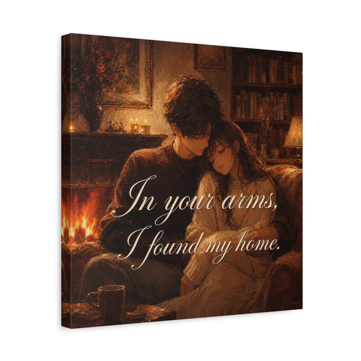 "In Your Arms, I Found My Home" Romantic Couple Canvas Wall Art - Cozy Fireplace Library Scene, Warm Vintage Style - Bedroom Home Decoration, Living Room Accent - Ready to Hang - Office Wall Art